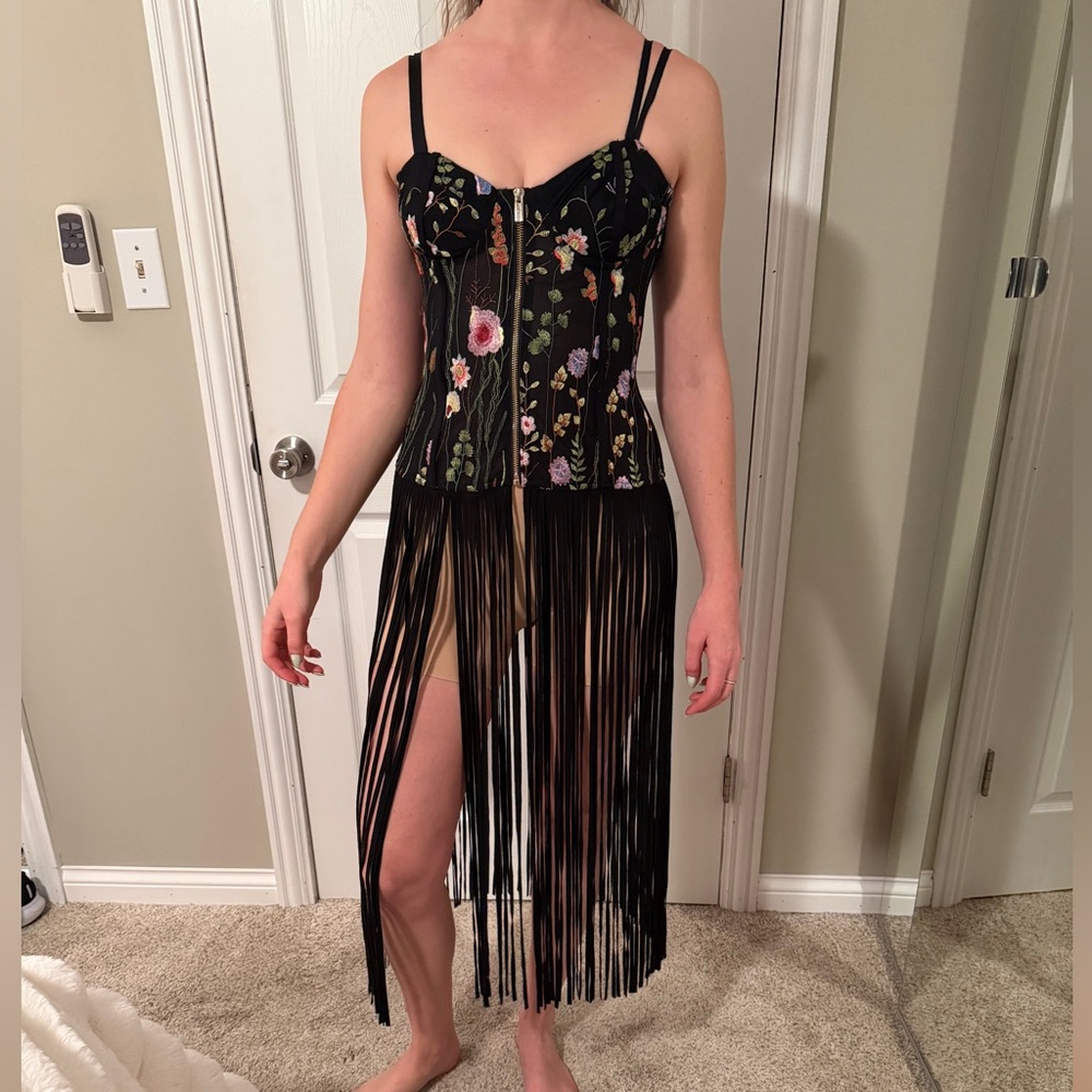 House of CB Vintage Black Embroidered Floral Corset Top with Fringe Skirt